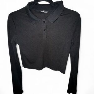 Black Long Sleeve Cropped Polo Shirt